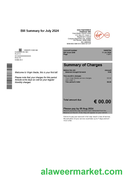 Ireland Virgin Media business utility bill template editable in Word and PDF, version 1